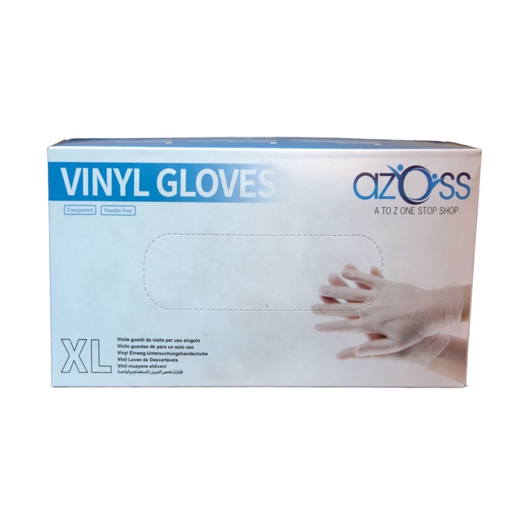 Azoss Vinyl Gloves in a crystal-clear variant, designed to meet the exact standards of hand protection in Qatar. These disposable gloves provide exceptional performance and versatility, ensuring your safety and comfort in a wide range of applications.